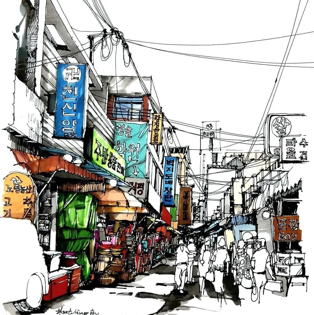 韩国城市街景钢笔淡彩写生
