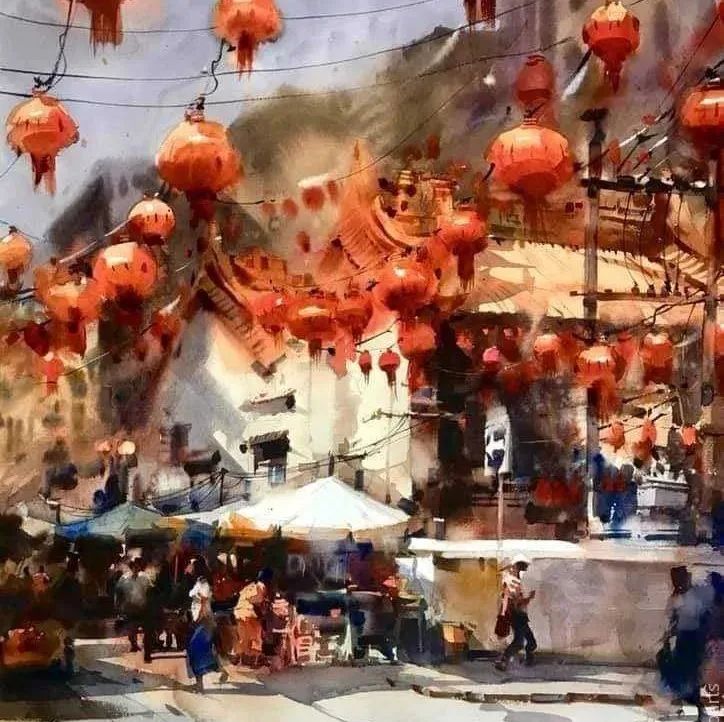 这样的水彩街景浪漫又灵动