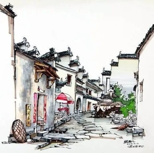 宏村写生，卢国新绘画作品欣赏
