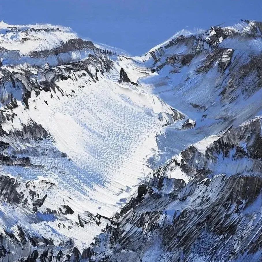 他的一幅画重达6、7斤，用颜料堆出的雪山，效果太赞了
