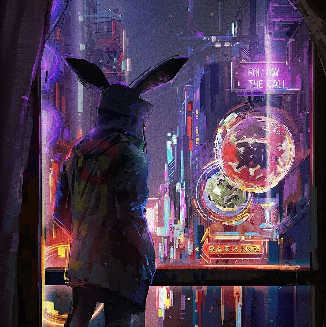 色彩奇幻的赛博朋克场景插画，细腻的光影与宏大的构图，画面精致