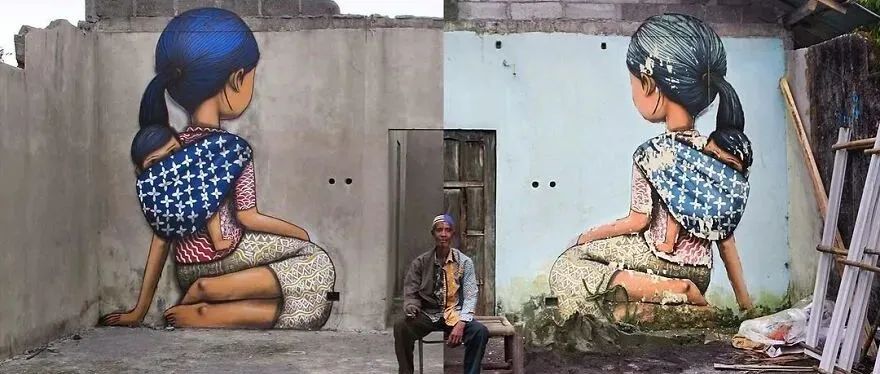 ​他在世界各地的墙上画满了孩子，他们纯真的样子，让人心痛