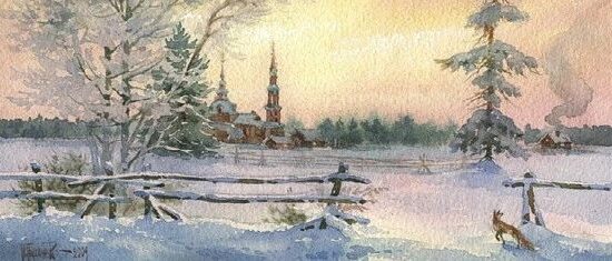 俄罗斯画家Pugachev,Paul S雪景风景水彩画