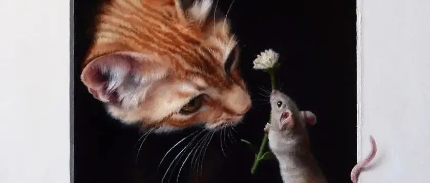 老鼠给猫送了一朵小白花，这么温暖的超写实画，第一眼就爱上了