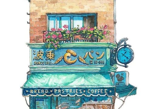 插画师 Mateusz Urbanowicz 的一组水彩建筑古楼店铺插画