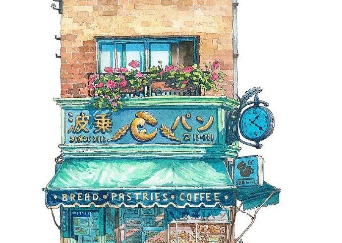 插画师 Mateusz Urbanowicz 的一组水彩建筑古楼店铺插画