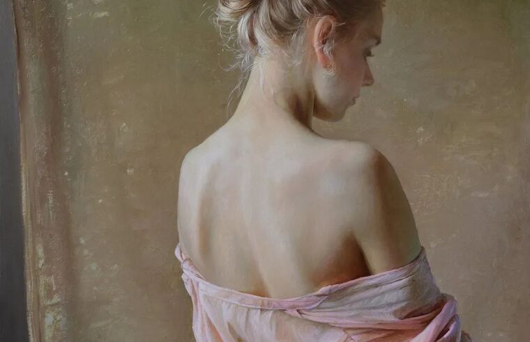 穿着薄纱，侧躺在沙发上的女性油画，把女人的美画绝了